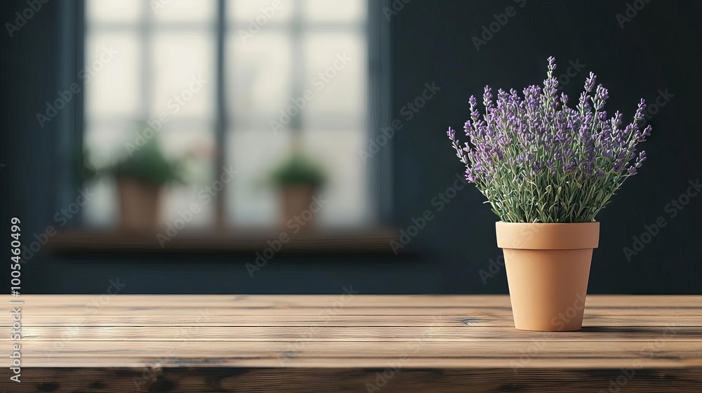 A beautiful lavender plant in a terracotta pot, enhancing the cozy ambiance of a home interior with natural elegance.
