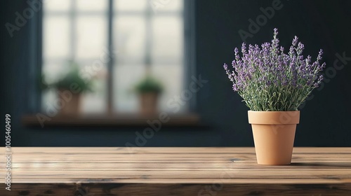 Obraz na płótnie A beautiful lavender plant in a terracotta pot, enhancing the cozy ambiance of a home interior with natural elegance. w salonie