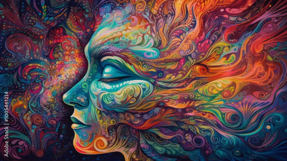 A vibrant, abstract depiction of a face with swirling colors. A vibrant, abstract depiction of a face with swirling colors.