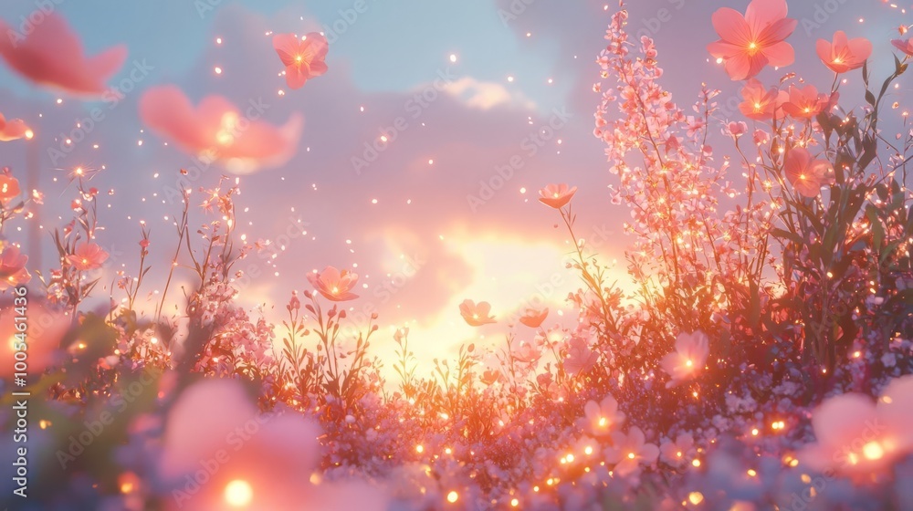 A serene landscape featuring blooming flowers under a colorful sunset, evoking a sense of peace and beauty in nature. A serene landscape featuring blooming flowers under a colorful sunset, evoking a sense of peace and beauty in nature.
