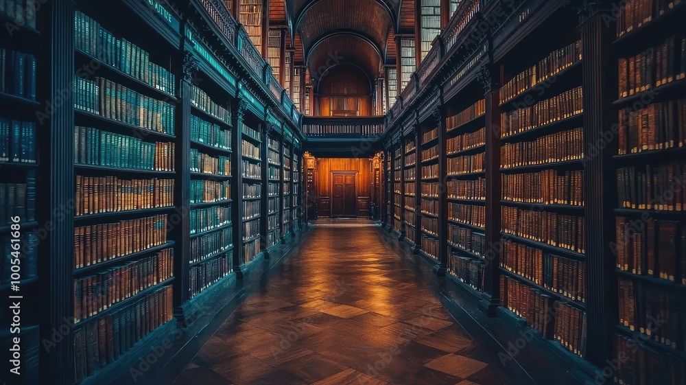 A tranquil library corridor lined with ancient wooden bookshelves, illuminated by warm glowing lights, inviting readers to explore. A tranquil library corridor lined with ancient wooden bookshelves, illuminated by warm glowing lights, inviting readers to explore.