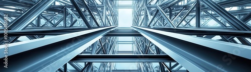 An intricate lattice of steel beams in a futuristic industrial setting, symbolizing progress, steel beams engineering and construction