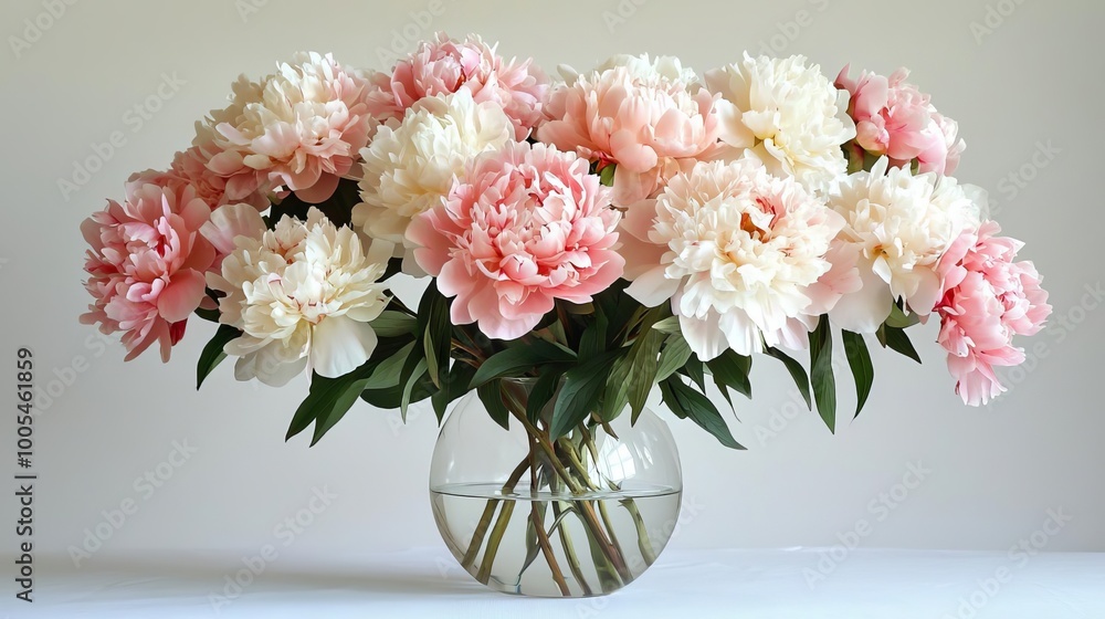 A stunning bouquet of blooming peonies in soft pink and white hues, beautifully arranged in a clear glass vase. A stunning bouquet of blooming peonies in soft pink and white hues, beautifully arranged in a clear glass vase.