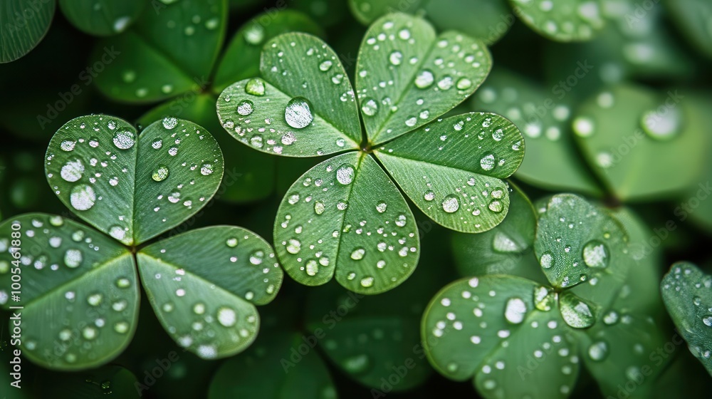 Closeup of clover leaves after rain, sparkling with water droplets, symbolizing renewal and growth, lucky clover leaf Closeup of clover leaves after rain, sparkling with water droplets, symbolizing renewal and growth, lucky clover leaf