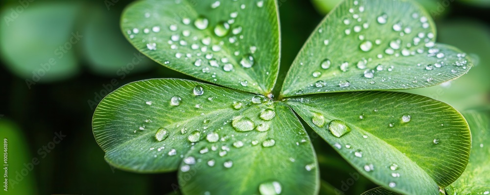 Closeup of a vibrant green clover leaf with dew drops, symbolizing luck and purity of nature, lucky clover leaf Closeup of a vibrant green clover leaf with dew drops, symbolizing luck and purity of nature, lucky clover leaf