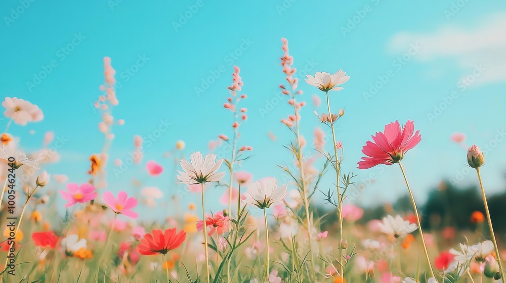 Obraz premium A vibrant field of colorful flowers swaying gently under a clear blue sky, creating a serene and cheerful ambiance.