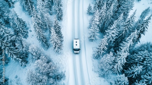 Remote mountain landscape with an RV driving through snow-covered roads capturing the beauty of nature in winter