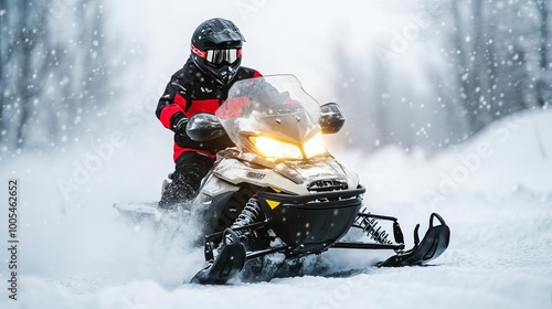 Snowmobiler racing through deep snow, intense spray, capturing winter speed and adrenaline