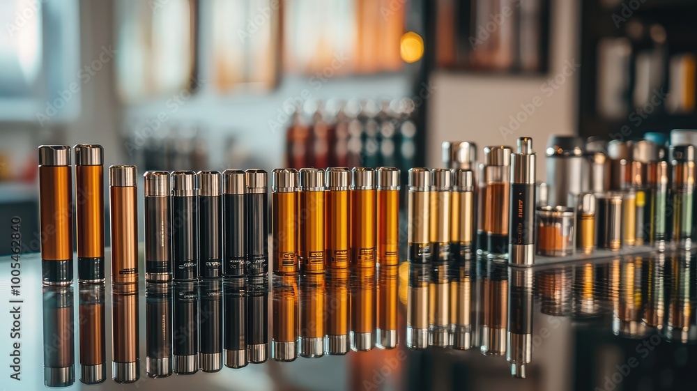 A variety of vape pens and e-liquids are displayed on a glass surface, reflecting the colorful bottles and metal devices. A variety of vape pens and e-liquids are displayed on a glass surface, reflecting the colorful bottles and metal devices.