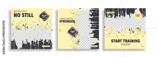 posts on social media vector illustration. Stylish graphics templates posts. dynamic abstractions typography photo. modern art paint and brush stains, fitness subjects gym. design frame post Template