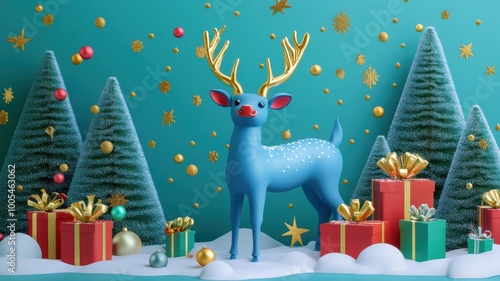 Christmas tree and cute deer in snowdrift,Realistic 3d design Xmas card decoration,gift box,fir branches, pine cones,Merry Christmas,Happy new year banner,Vector illustration.