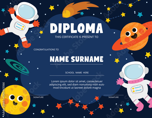 Cute School Diploma Kids Certificate vector in science concept with astronaut in open space, stars, planets and rocket.  Illustration design for Education, Preschool, kindergarten.