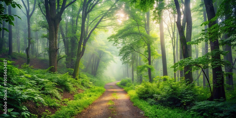 Obraz premium Sunlight Dappled Through Mist In A Lush Woodland Path