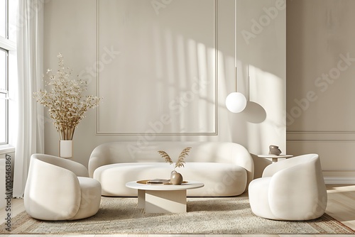 Interior of stylish living room with comfortable sofas, white armchairs and minimalistic furniture