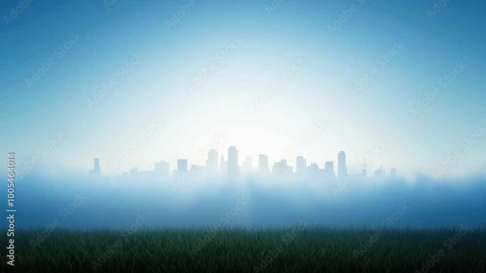Fototapeta premium Misty Skyline Over Green Grass Field at Dawn