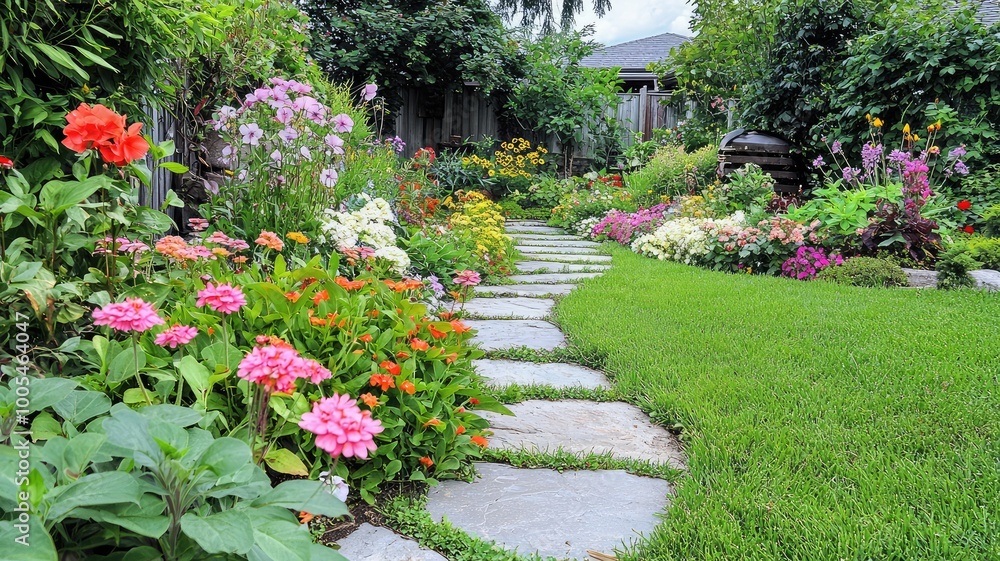 Fototapeta premium A vibrant garden path lined with colorful flowers and lush greenery, inviting tranquility and beauty in nature.