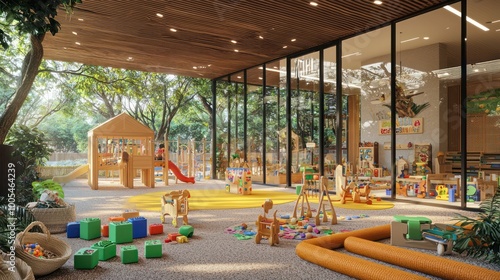 An environmentally conscious daycare center with toys made from natural materials and an outdoor play area with recycled rubber surfacing