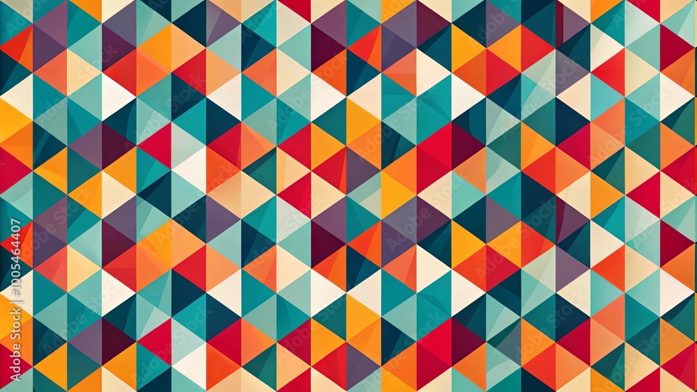 Geometric pattern featuring vibrant triangular shapes in a spectrum of colors. Geometric pattern featuring vibrant triangular shapes in a spectrum of colors.