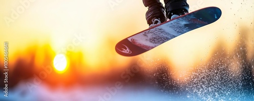 Wakeboarder performing a flip over a wake, water droplets frozen mid-air, against a sunrise photo