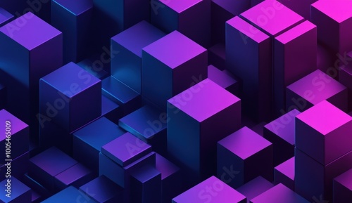 Abstract 3D Composition of Cubes in Neon Blue and Purple
