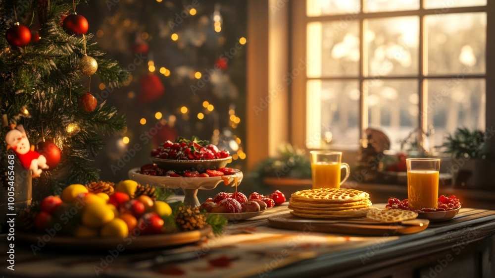 Festive Breakfast Table with Christmas Tree, Waffles, and Fruit Festive Breakfast Table with Christmas Tree, Waffles, and Fruit