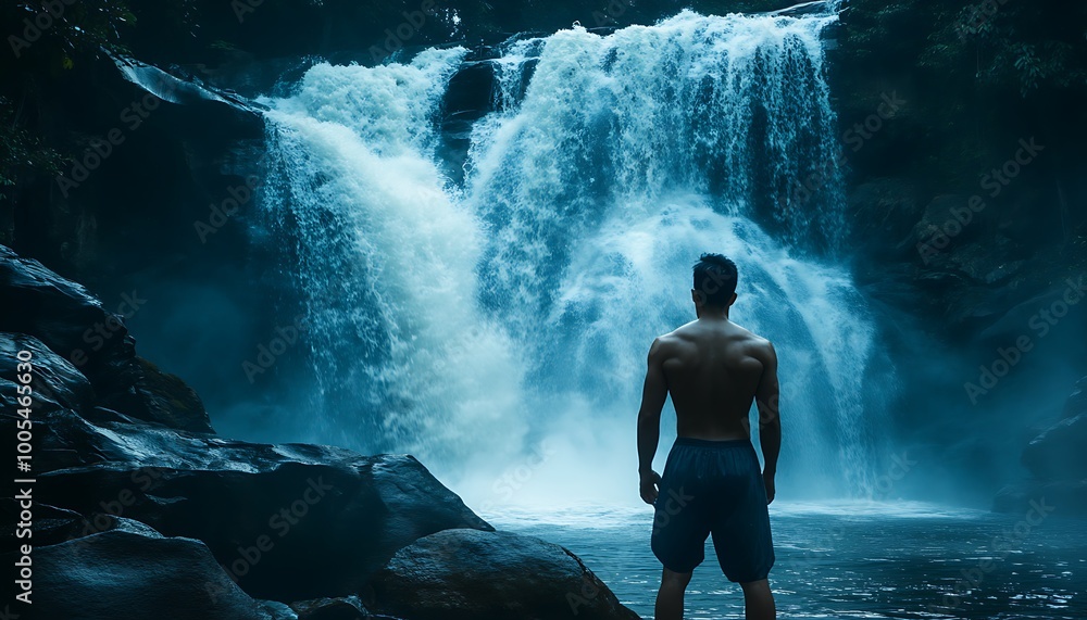 Obraz premium Man Contemplating the Waterfall