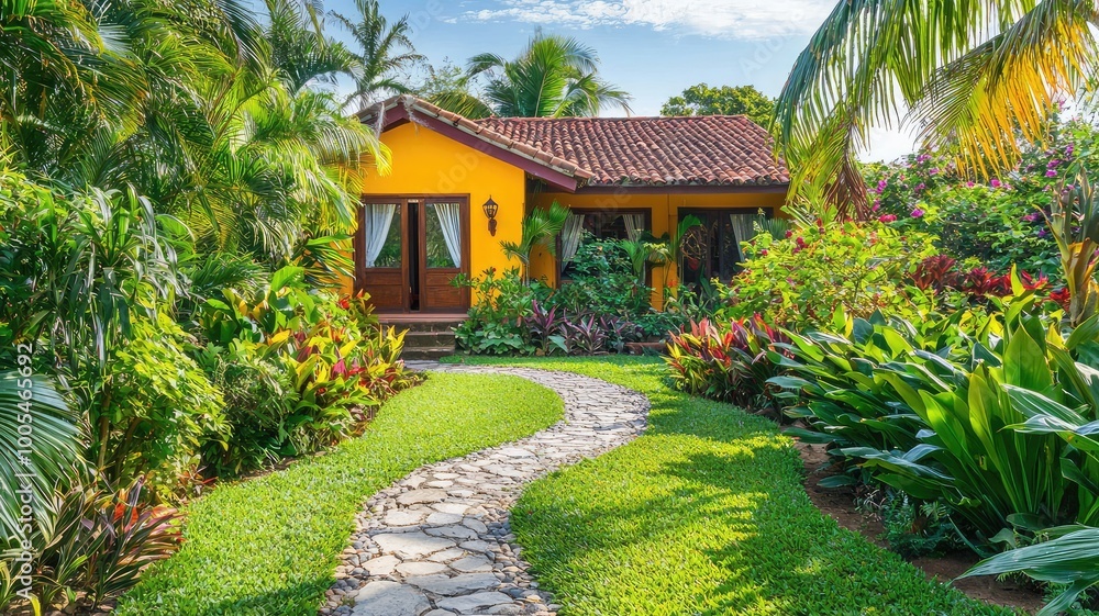 A vibrant yellow house surrounded by lush greenery and tropical plants, featuring a charming stone pathway leading to the entrance. A vibrant yellow house surrounded by lush greenery and tropical plants, featuring a charming stone pathway leading to the entrance.