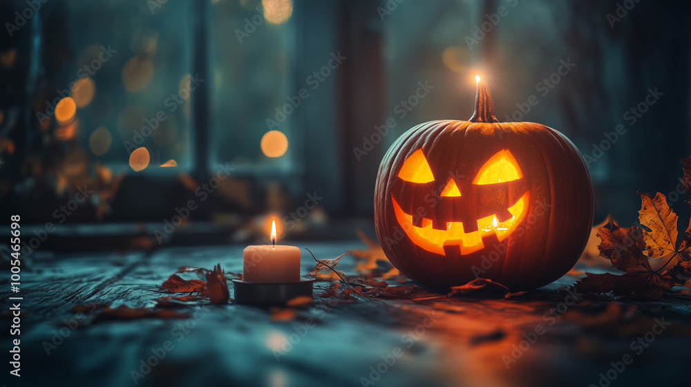Embrace the Spooky Halloween Spirit with a Carved Pumpkin Adorned with a Lit Candle, Perfectly Gracing Your Doorstep for Festivities Embrace the Spooky Halloween Spirit with a Carved Pumpkin Adorned with a Lit Candle, Perfectly Gracing Your Doorstep for Festivities
