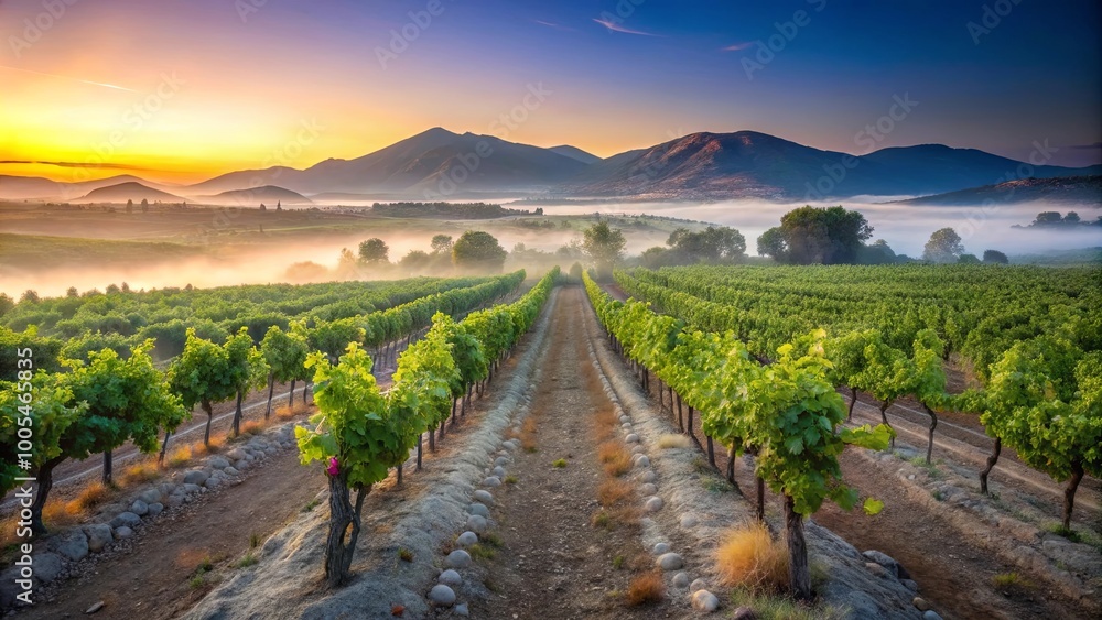 Fototapeta premium Morning Mist Enhances the Beauty of Vineyard Rows