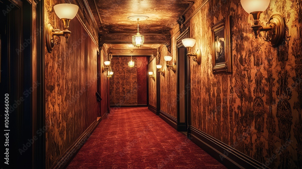 Fototapeta premium A vintage hotel hallway featuring ornate wallpaper, soft lighting, and a plush red carpet, creating a mysterious and nostalgic atmosphere.