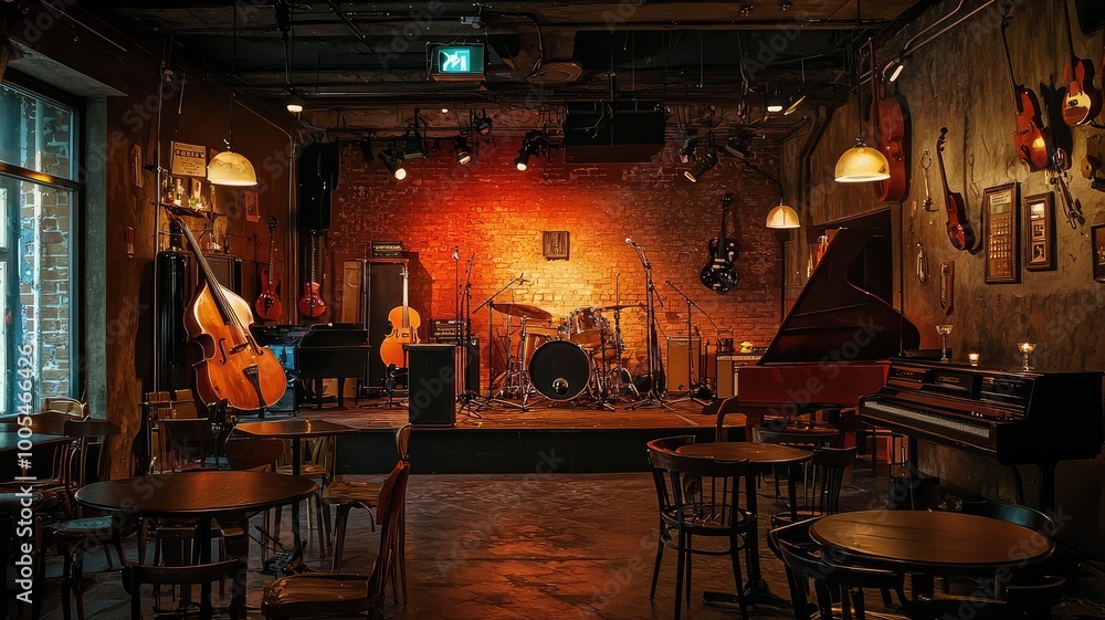 A warm and inviting music venue featuring instruments ready for a live performance in a cozy atmosphere. A warm and inviting music venue featuring instruments ready for a live performance in a cozy atmosphere.