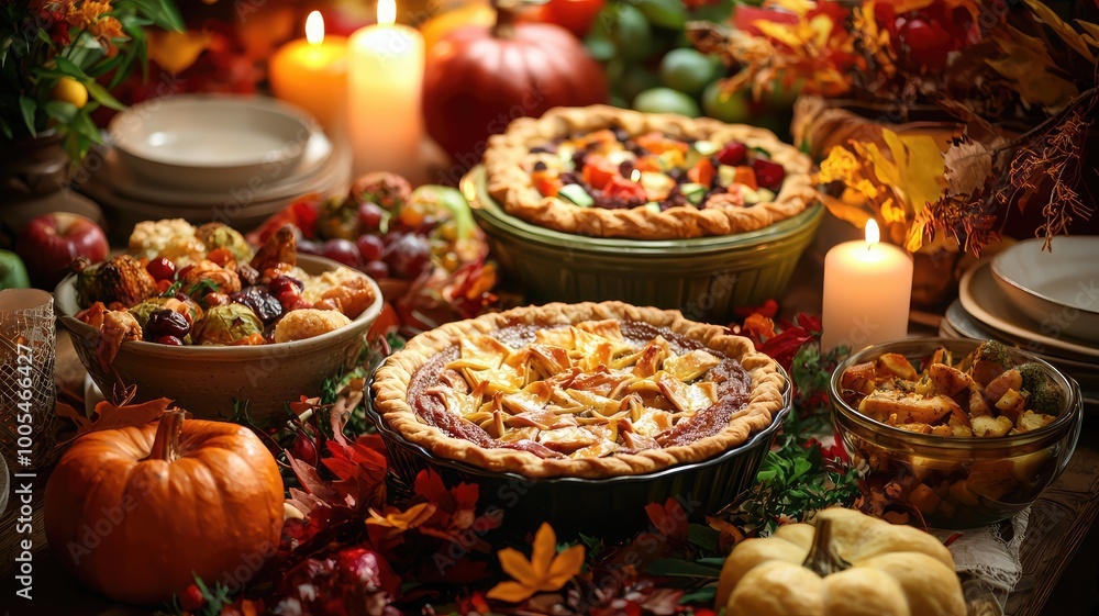 A warm autumn feast featuring pies, fruits, and pumpkins, illuminated by candlelight, perfect for seasonal celebrations.