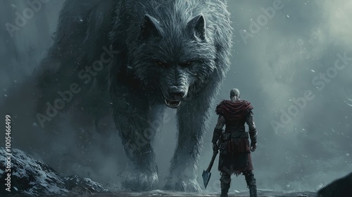 A warrior stands before a colossal wolf in a mystical, snowy landscape, representing courage and the battle between man and nature. photo