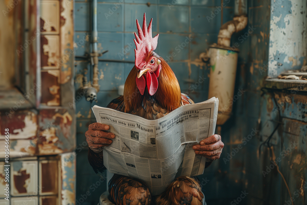 Canvas schilderij met Anthropomorphic chicken sitting on toilet , reading newpaper #1005466658