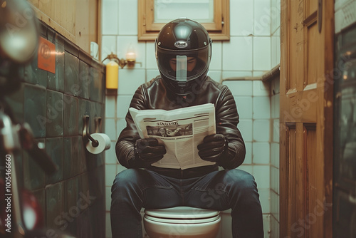 Motorcyclist sitting on toilet , reading newpaper photo