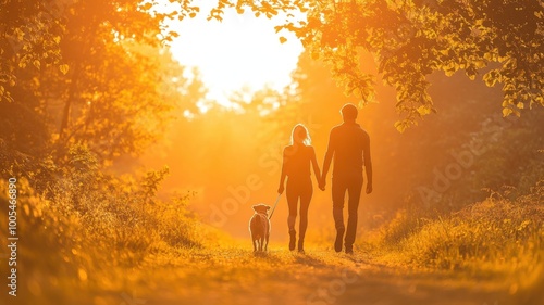 Couple walking with a dog on a serene path at sunset, warm golden light surrounding them.