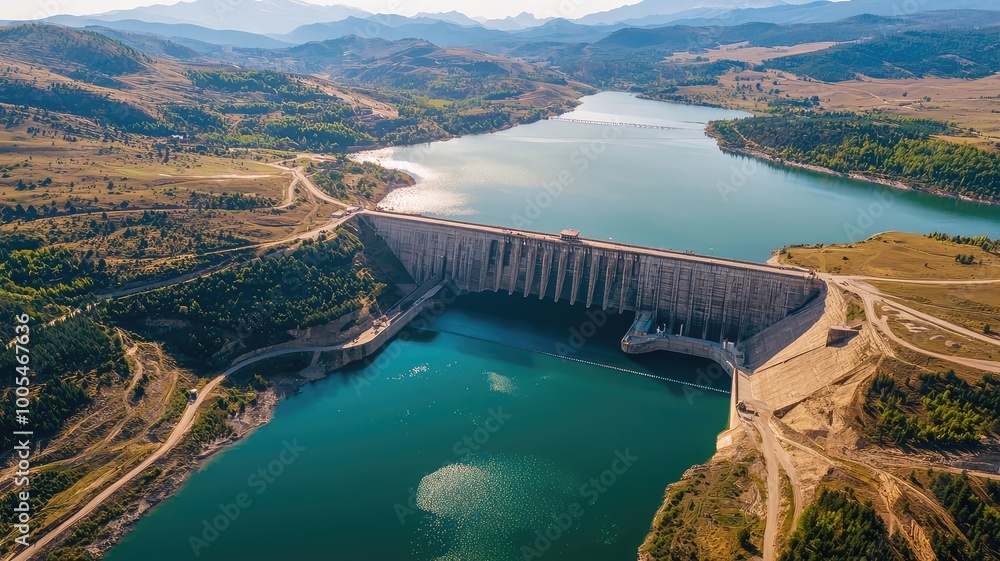 Aerial view of a large dam surrounded by mountains, showcasing the serene lake and lush landscape below. Aerial view of a large dam surrounded by mountains, showcasing the serene lake and lush landscape below.