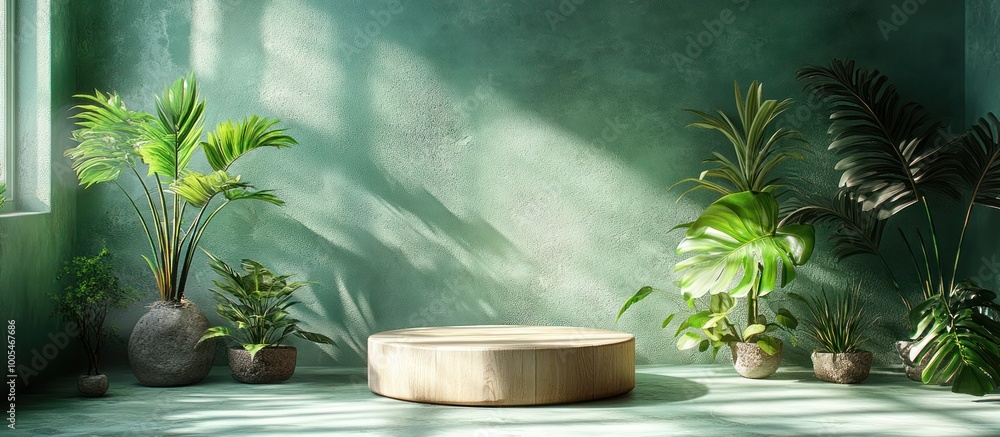 A wooden podium with green plants in pots in front of a green wa A wooden podium with green plants in pots in front of a green wa