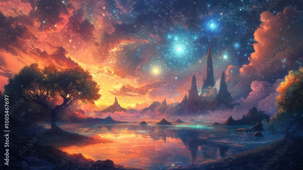 A Fantasy Landscape with a Starry Sky and Mountainous Peaks A Fantasy Landscape with a Starry Sky and Mountainous Peaks