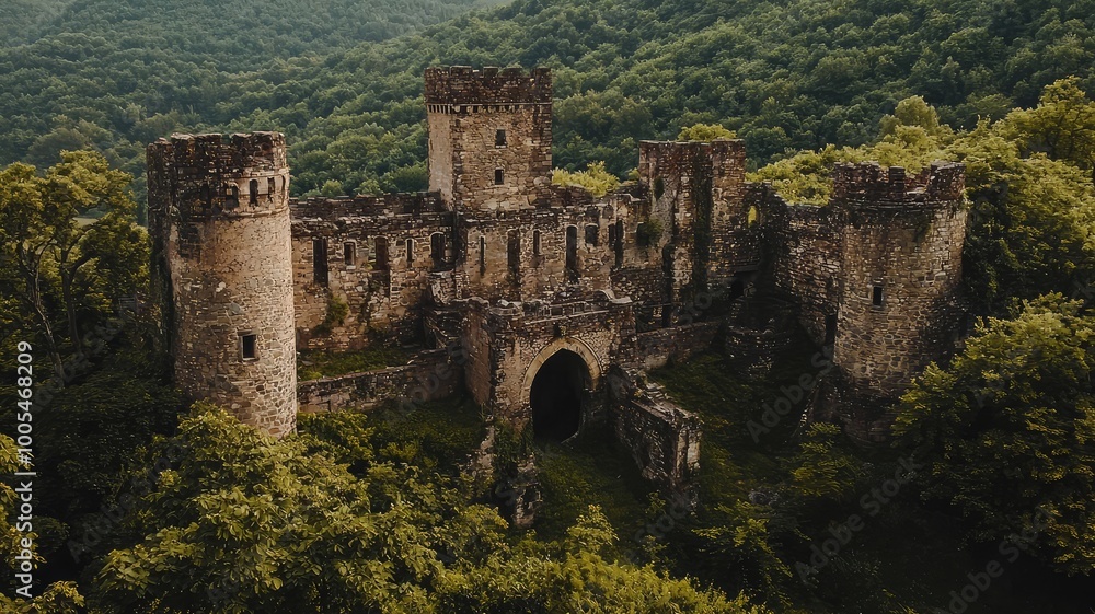 Aerial view of an ancient castle surrounded by lush green forests, showcasing history and nature's beauty in harmony. Aerial view of an ancient castle surrounded by lush green forests, showcasing history and nature's beauty in harmony.