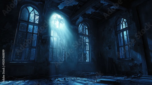 An eerie, abandoned room with broken windows, illuminated by dramatic rays of light, creating a haunting atmosphere.