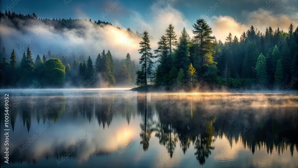 Misty Morning Reflections on a Tranquil Lake, Where Golden Sunlight Pierces Through the Fog, Illuminating the Waters and the Trees Lining the Shore Misty Morning Reflections on a Tranquil Lake, Where Golden Sunlight Pierces Through the Fog, Illuminating the Waters and the Trees Lining the Shore