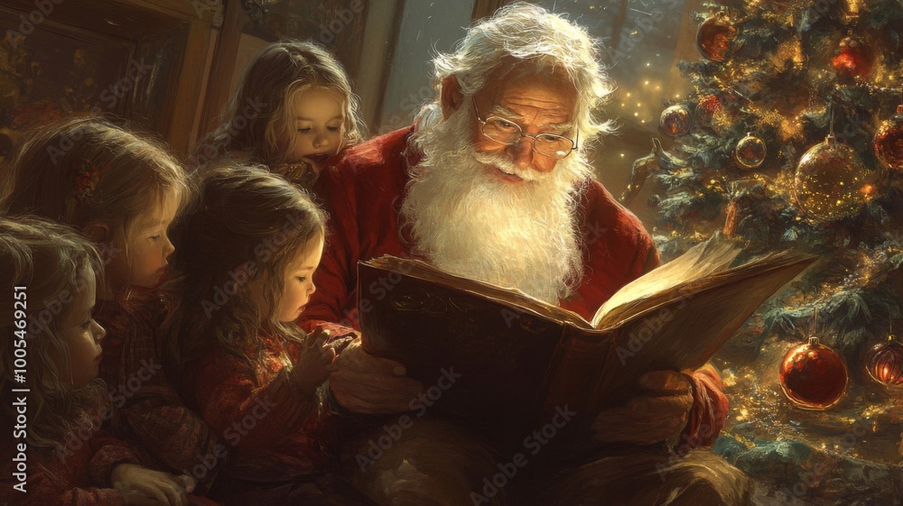 Santa Claus Reading a Story to Children by a Christmas Tree Santa Claus Reading a Story to Children by a Christmas Tree