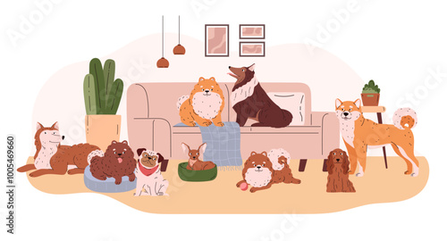 Cartoon different breeds dogs in the living room, friendly canine purebred animals on the coach, cute Spitz, collie pets