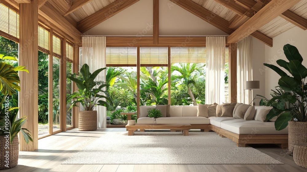 Fototapeta premium Bright and airy living room with natural light, wooden accents, and lush greenery, creating a serene indoor atmosphere.