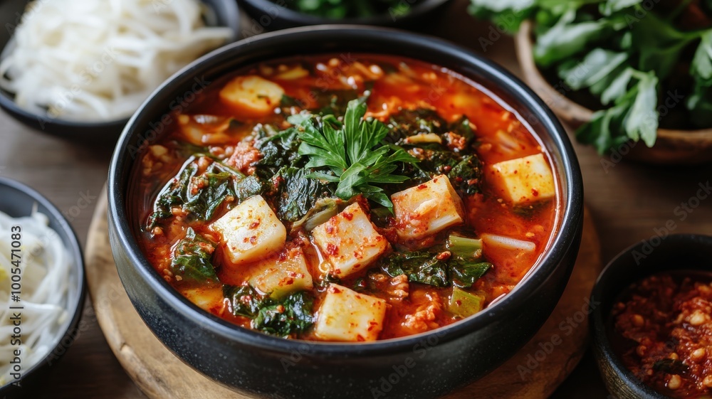 Delicious spicy tofu stew served in a bowl with fresh herbs. Delicious spicy tofu stew served in a bowl with fresh herbs.