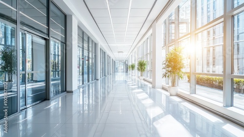 Bright and modern hallway with large windows and plants  showcasing a clean and spacious environment.