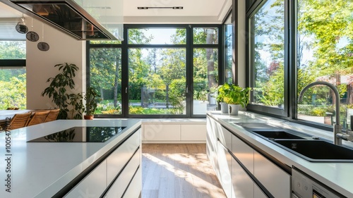 Bright and modern kitchen with large windows  sleek cabinets  and a view of nature  perfect for contemporary home design inspiration.