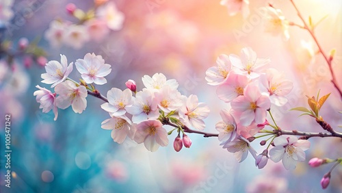 Delicate pink blossoms against a soft pastel backdrop, bathed in the golden glow of the setting sun.