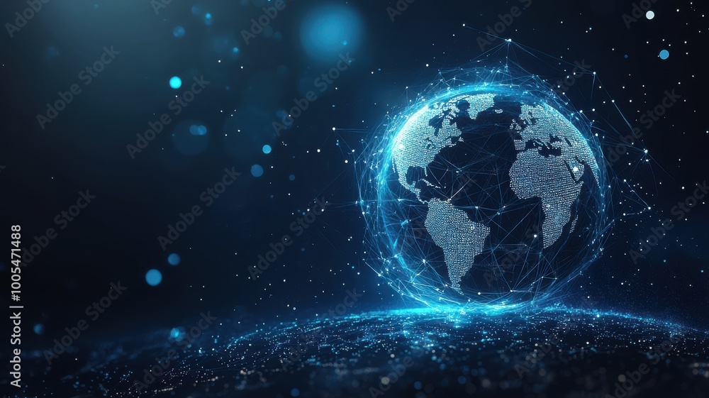 Fototapeta premium Digital globe with blue glowing connections on a dark background.